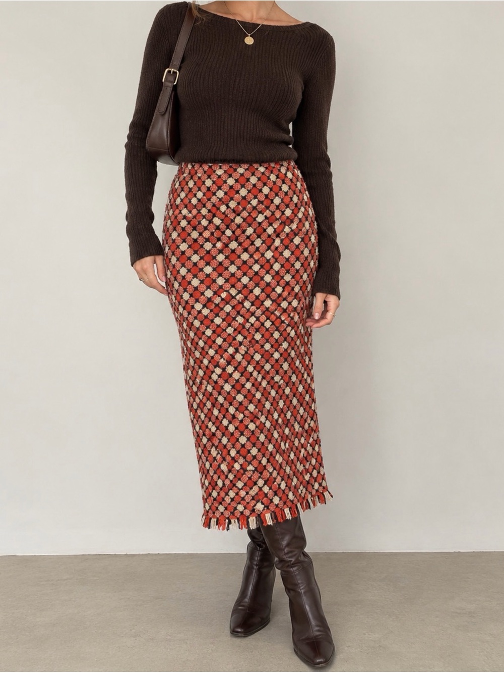 Vintage Textured Wool Cotton Blend Dark Academia Statement Midi Skirt - Size 8